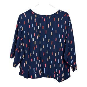 Boden Confetti Top Womens Sz 10 Navy Blue Viscose Short Sleeves Zipper Colorful
